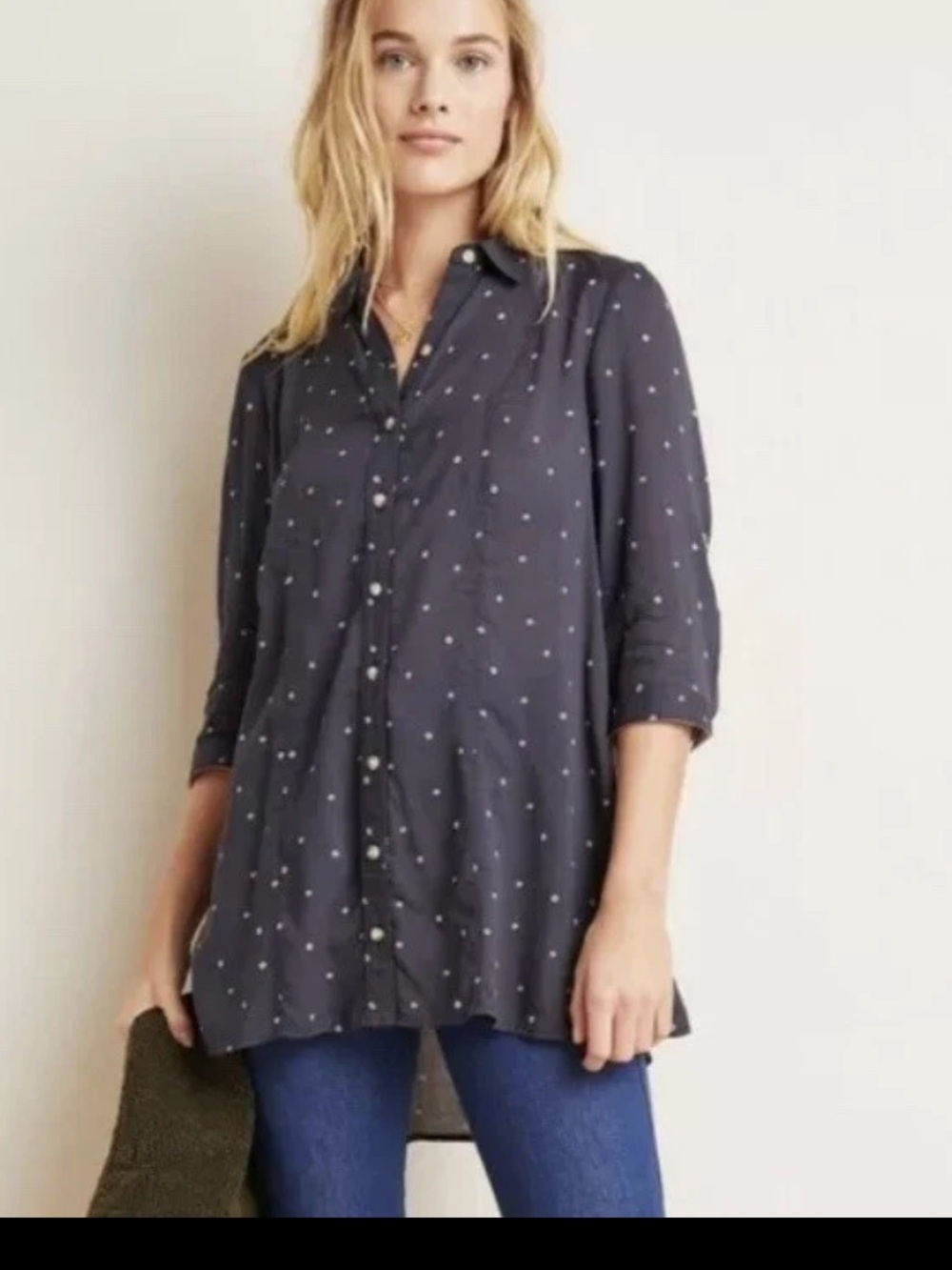 Maeve Anthropologie Monika Navy Dot Tunic Top Shirt Button Down Size Small